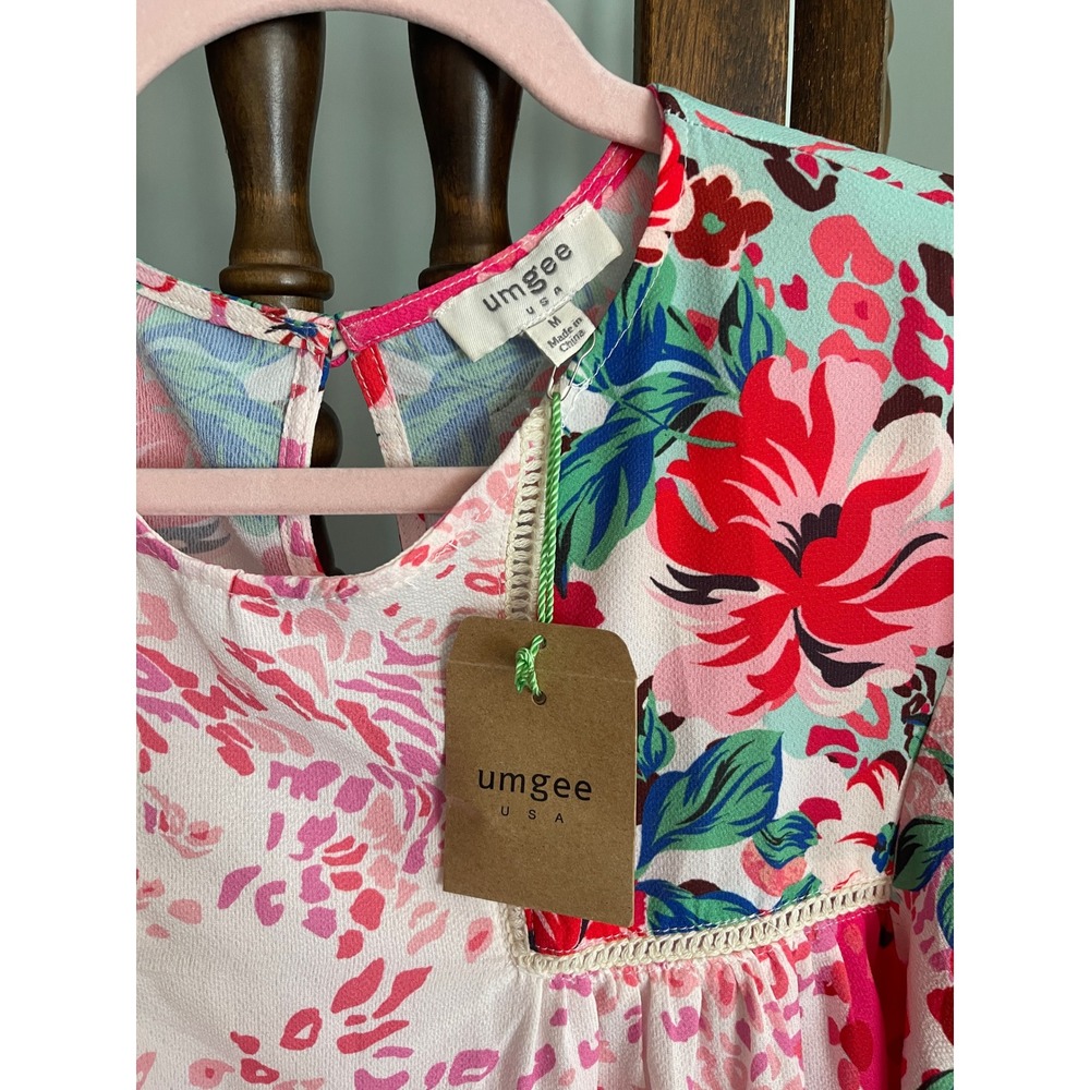 NWT Boutique Umgee Mixed Floral Leopard Print Lace Trim Shift Dress Pink Medium - Picture 4 of 9